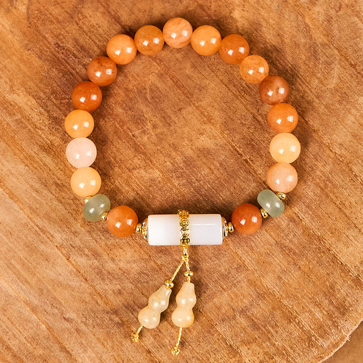 Buddha Stones黄金シルク翡翠ビーズ ひょうたん型 ホワイトクリスタル 富と幸運のブレスレット