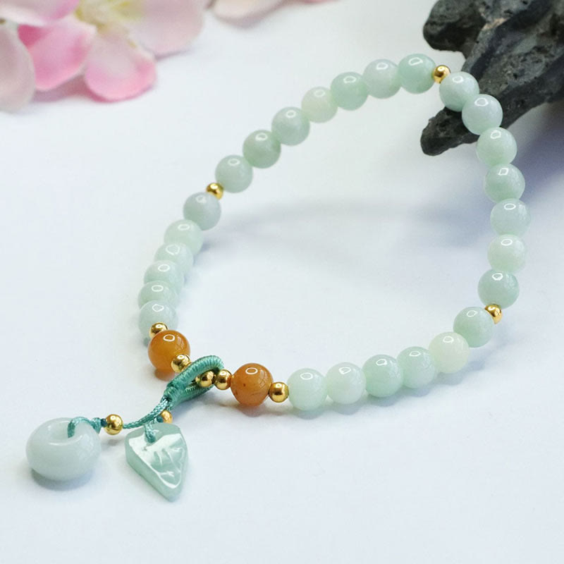 Buddha Stones翡翠ビーズリーフ平和バックル繁栄ブレスレット