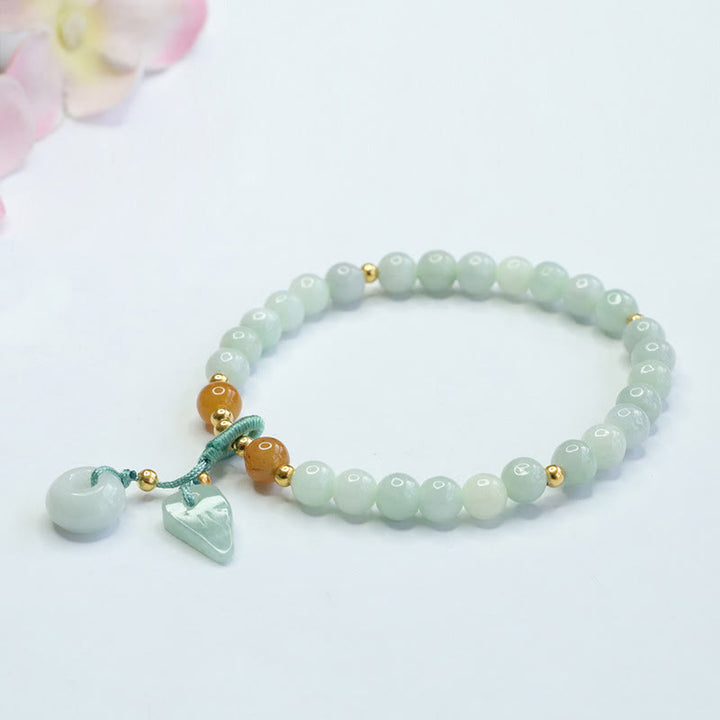 Buddha Stones翡翠ビーズリーフ平和バックル繁栄ブレスレット