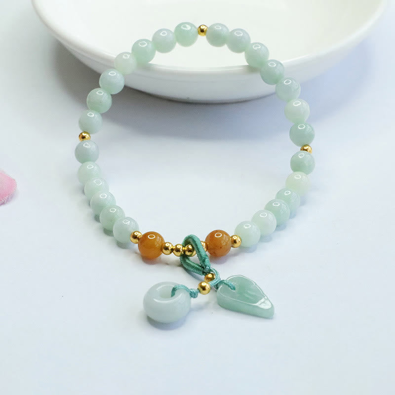 Buddha Stones翡翠ビーズリーフ平和バックル繁栄ブレスレット