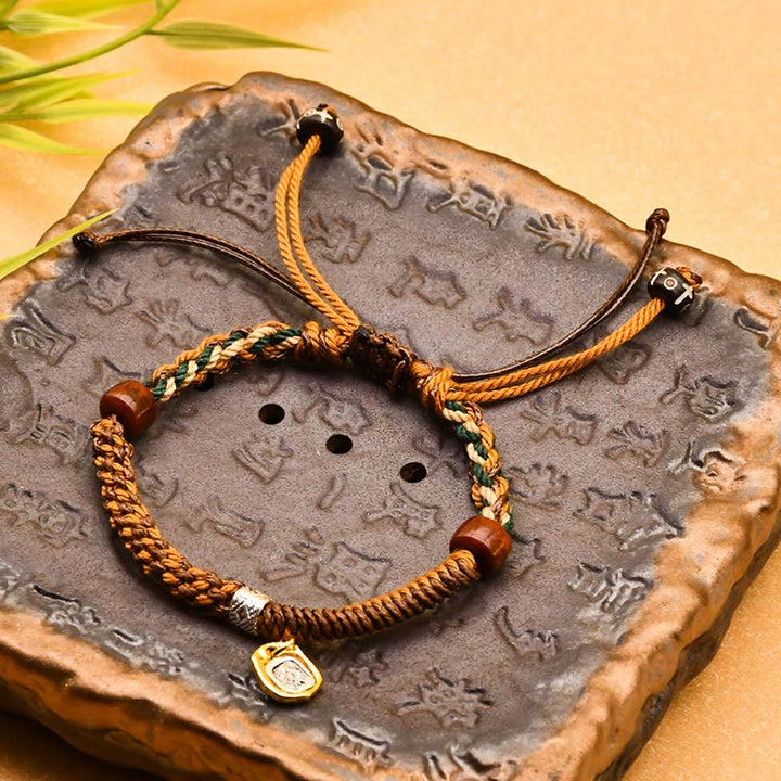 Buddha Stones手作り チベット ザキラム 富の女神 木製 守護 編み込み ブレスレット