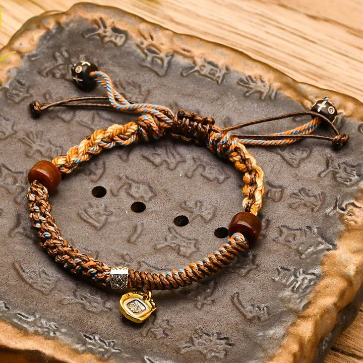 Buddha Stones手作り チベット ザキラム 富の女神 木製 守護 編み込み ブレスレット