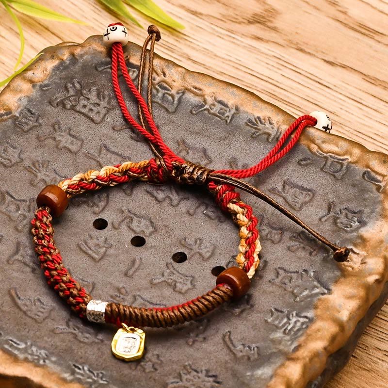 Buddha Stones手作り チベット ザキラム 富の女神 木製 守護 編み込み ブレスレット