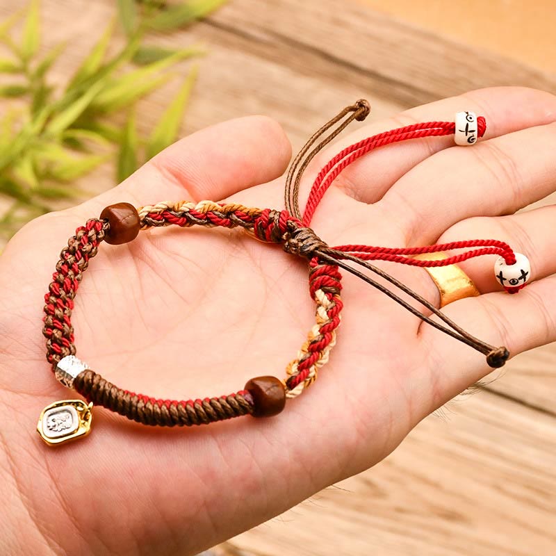 Buddha Stones手作り チベット ザキラム 富の女神 木製 守護 編み込み ブレスレット