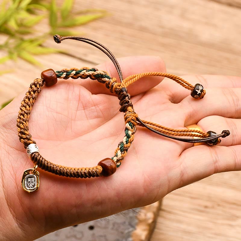 Buddha Stones手作り チベット ザキラム 富の女神 木製 守護 編み込み ブレスレット