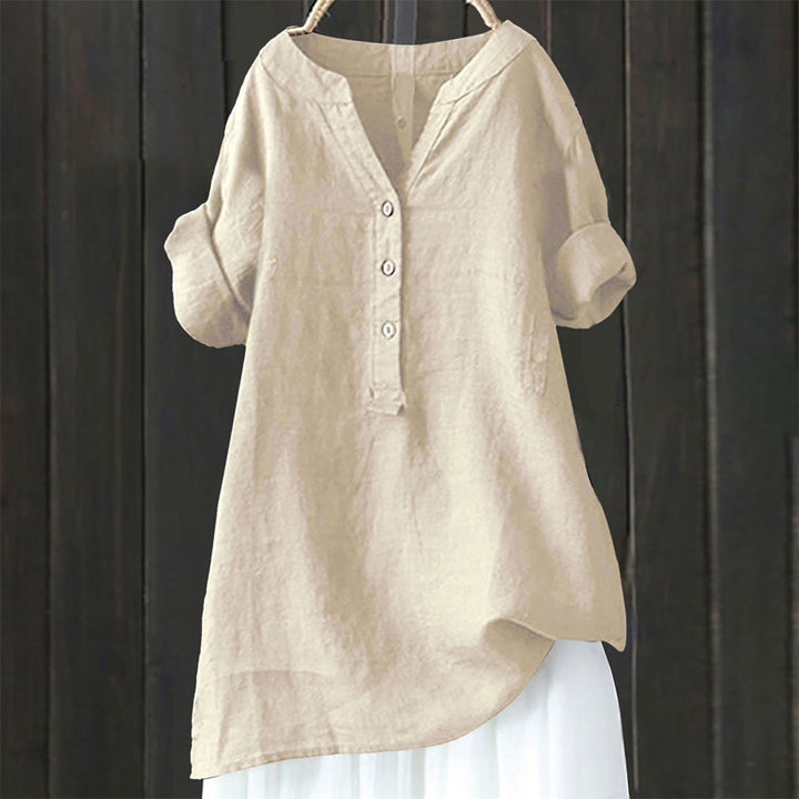Buddha Stonesカジュアル 無地 ボタン ノッチカラー レディース 半袖シャツ - ベージュ - US20、 UK/AU24、 EU52 (5XL) - image 2