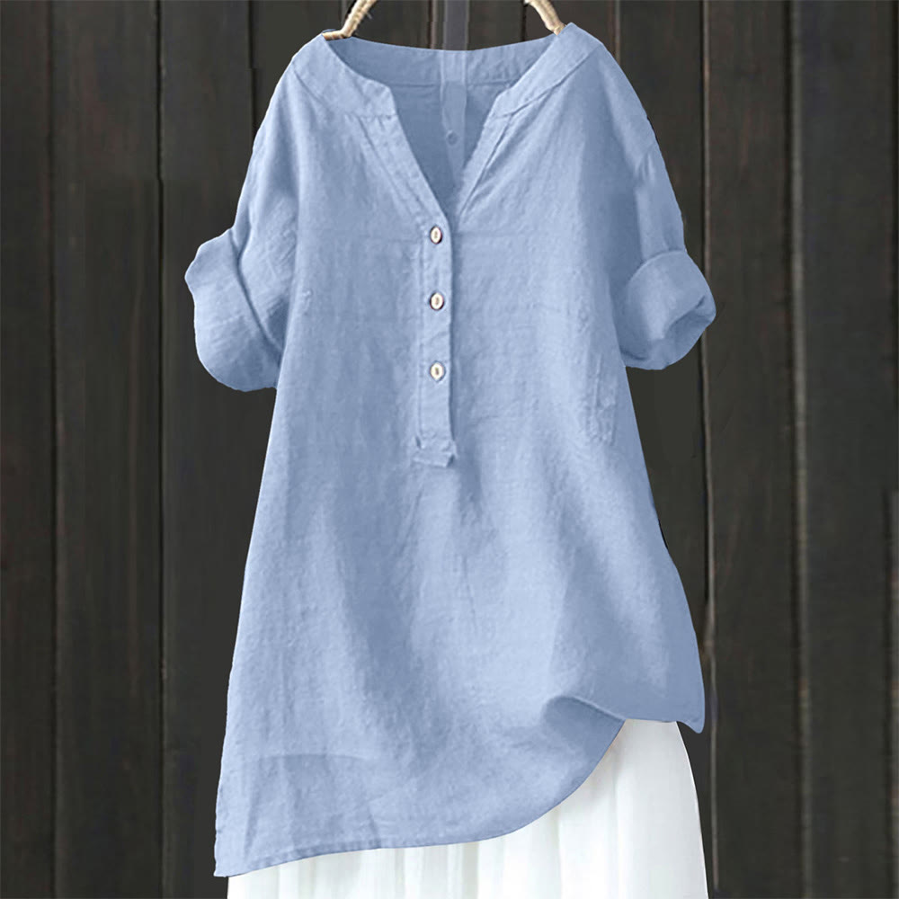 Buddha Stonesカジュアル 無地 ボタン ノッチカラー レディース 半袖シャツ - ライトスチールブルー - US20、 UK/AU24、 EU52 (5XL) - image 0
