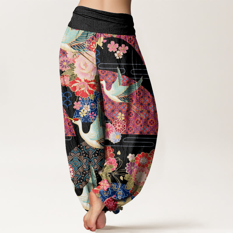 Buddha Stonesと鶴の花柄レディース伸縮性ウエストハーレムパンツ - image 2