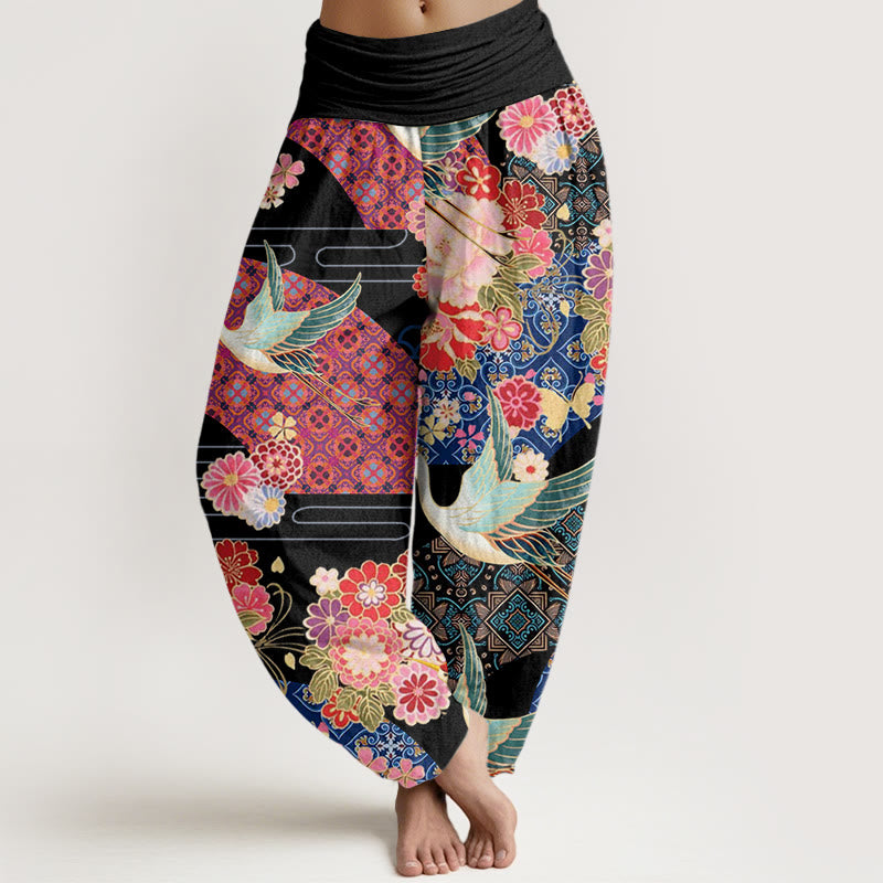 Buddha Stonesと鶴の花柄レディース伸縮性ウエストハーレムパンツ - 黒 - US22、 UK/AU26、 EU54 (6XL) - image 1