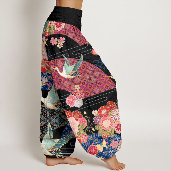 Buddha Stonesと鶴の花柄レディース伸縮性ウエストハーレムパンツ - image 3