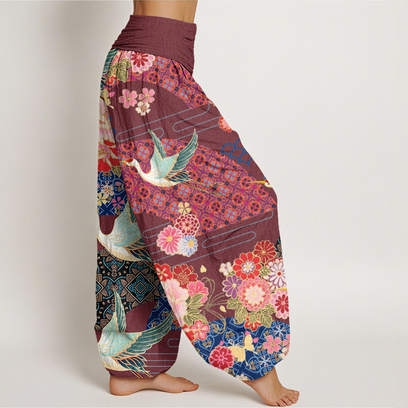 Buddha Stonesと鶴の花柄レディース伸縮性ウエストハーレムパンツ - image 7