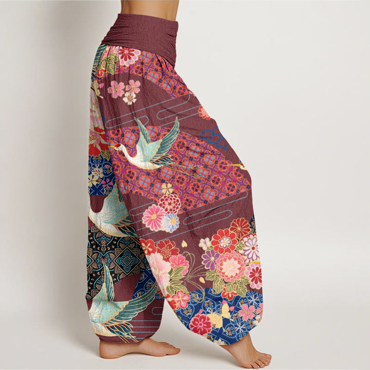 Buddha Stonesと鶴の花柄レディース伸縮性ウエストハーレムパンツ - image 7