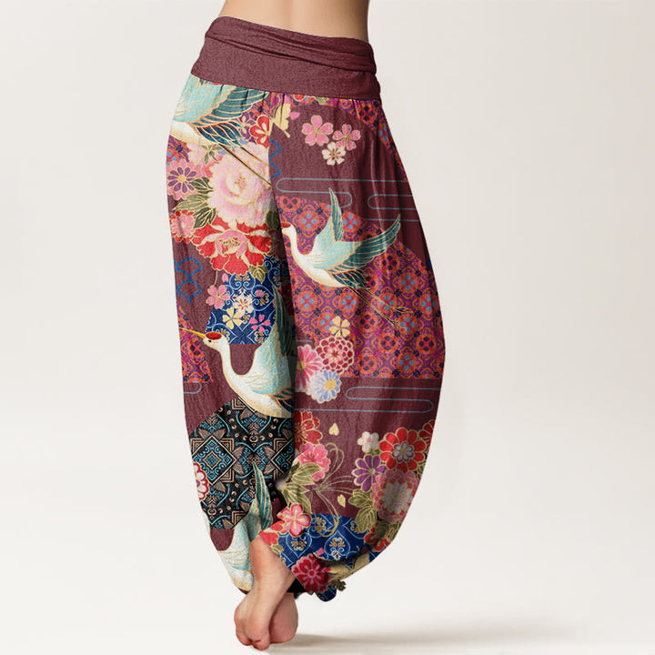 Buddha Stonesと鶴の花柄レディース伸縮性ウエストハーレムパンツ - image 6