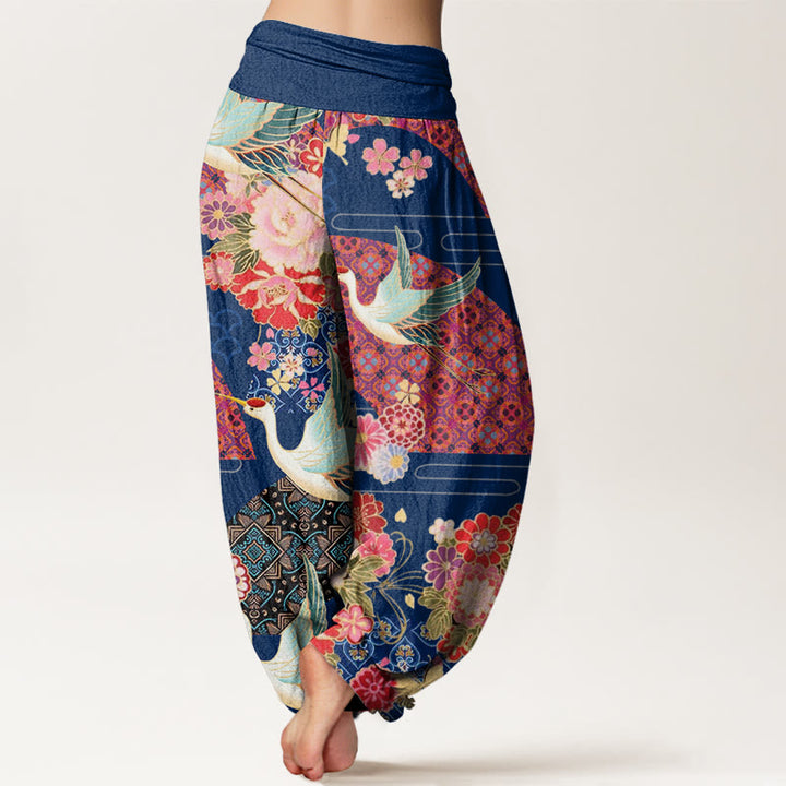 Buddha Stonesと鶴の花柄レディース伸縮性ウエストハーレムパンツ - image 9