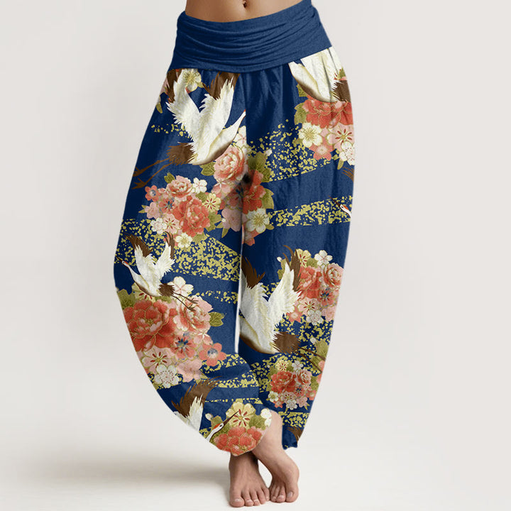 Buddha Stonesカジュアル鶴牡丹桜柄ウエストゴムレディースハーレムパンツ - ダークブルー - US22、 UK/AU26、 EU54 (6XL) - image 5