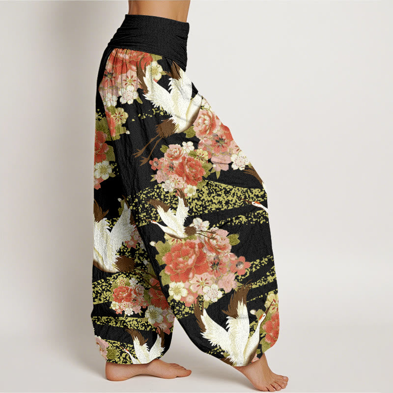 Buddha Stonesカジュアル鶴牡丹桜柄ウエストゴムレディースハーレムパンツ - image 10
