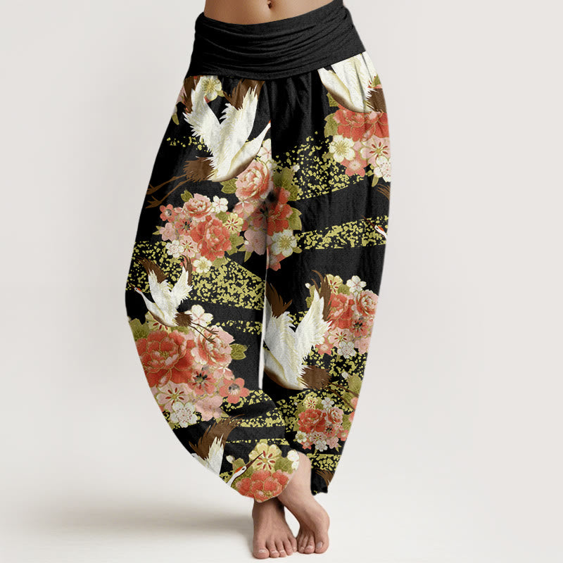 Buddha Stonesカジュアル鶴牡丹桜柄ウエストゴムレディースハーレムパンツ - 黒 - US22、 UK/AU26、 EU54 (6XL) - image 8