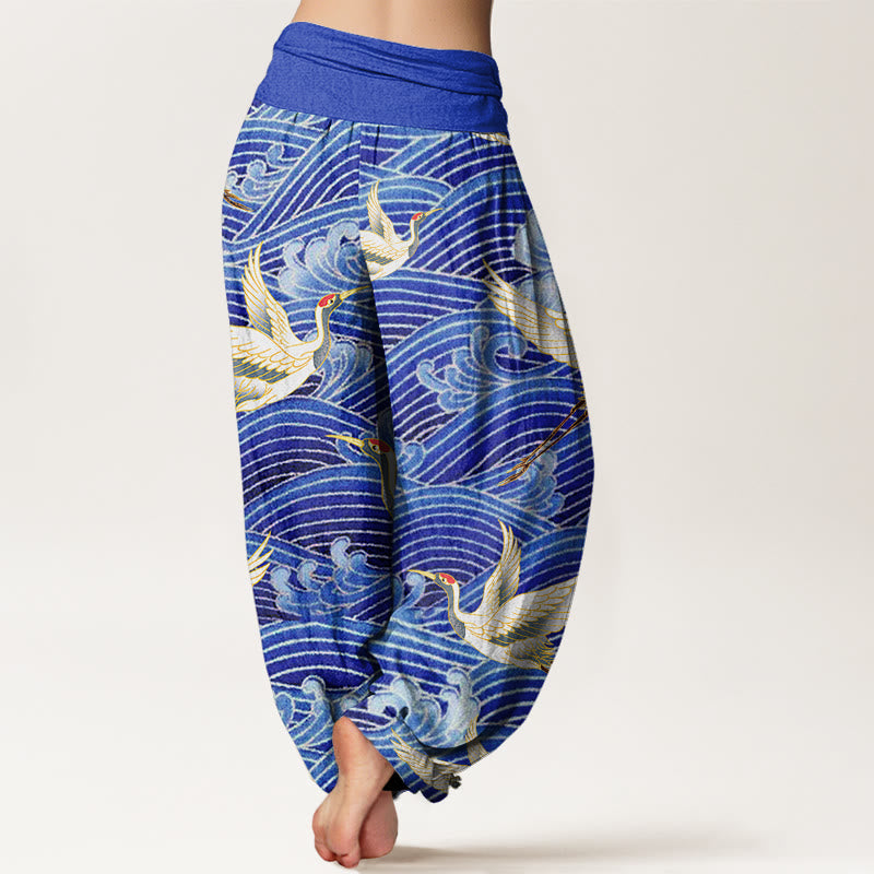 Buddha Stonesカジュアルクレーンオーシャンウェーブ柄伸縮性ウエストレディースハーレムパンツ - image 2