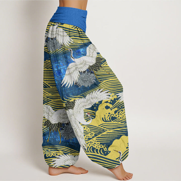Buddha Stonesカジュアルクレーンオーシャンウェーブ菊柄レディース伸縮性ウエストハーレムパンツ - image 3