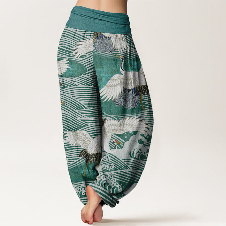Buddha Stonesカジュアルクレーンオーシャンウェーブ菊柄レディース伸縮性ウエストハーレムパンツ - image 6