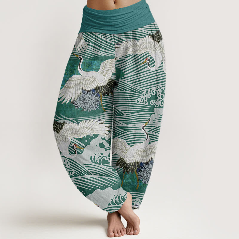 Buddha Stonesカジュアルクレーンオーシャンウェーブ菊柄レディース伸縮性ウエストハーレムパンツ - ライトシーグリーン - US22、 UK/AU26、 EU54 (6XL) - image 5