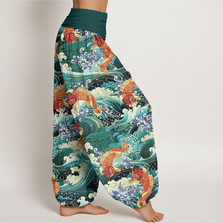 Buddha Stonesカジュアル鯉の海の波模様レディース伸縮性ウエストハーレムパンツ - image 3