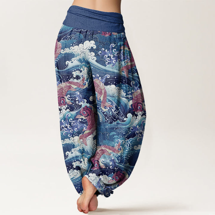 Buddha Stonesカジュアル鯉の海の波模様レディース伸縮性ウエストハーレムパンツ - image 6