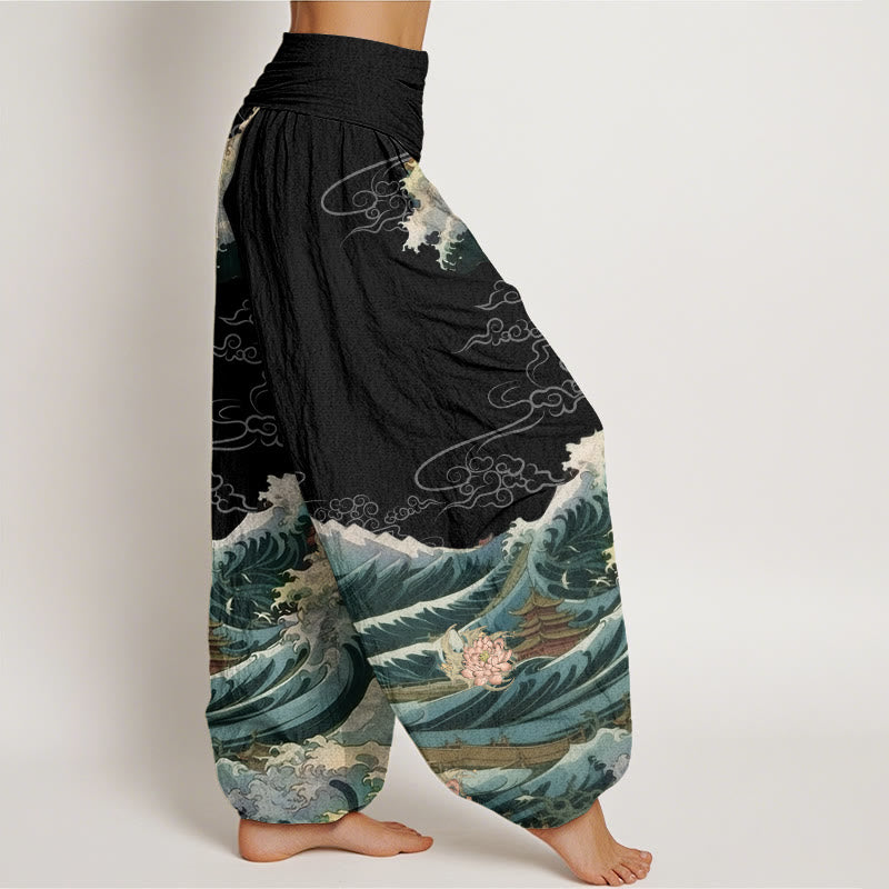 Buddha Stonesカジュアルブルーミングロータスウェーブパビリオン柄レディース伸縮性ウエストハーレムパンツ - image 3