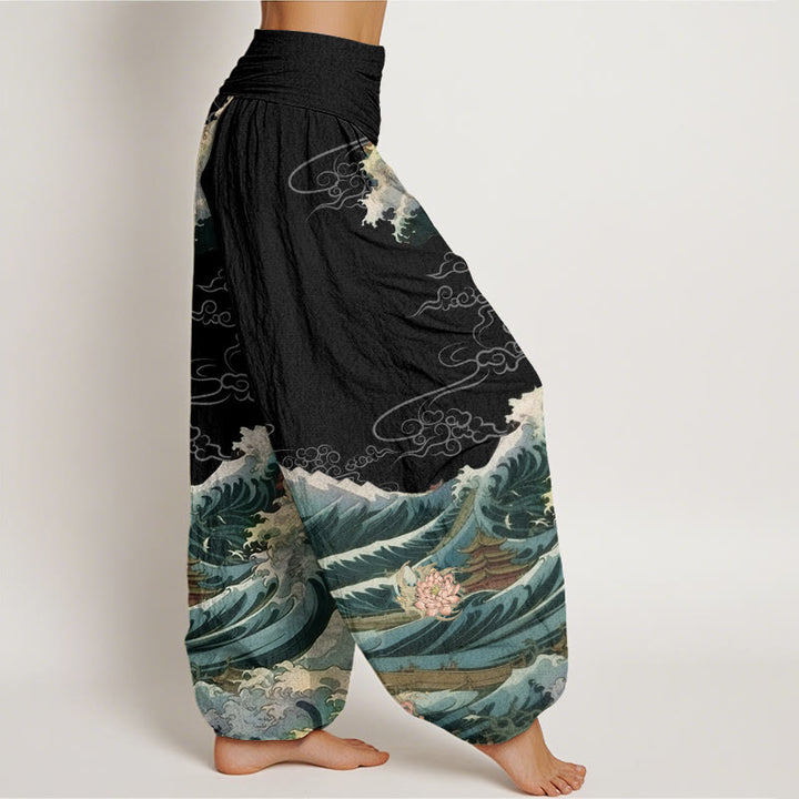 Buddha Stonesカジュアルブルーミングロータスウェーブパビリオン柄レディース伸縮性ウエストハーレムパンツ - image 3