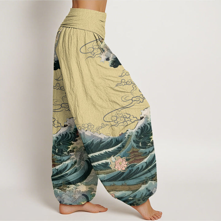 Buddha Stonesカジュアルブルーミングロータスウェーブパビリオン柄レディース伸縮性ウエストハーレムパンツ - image 7