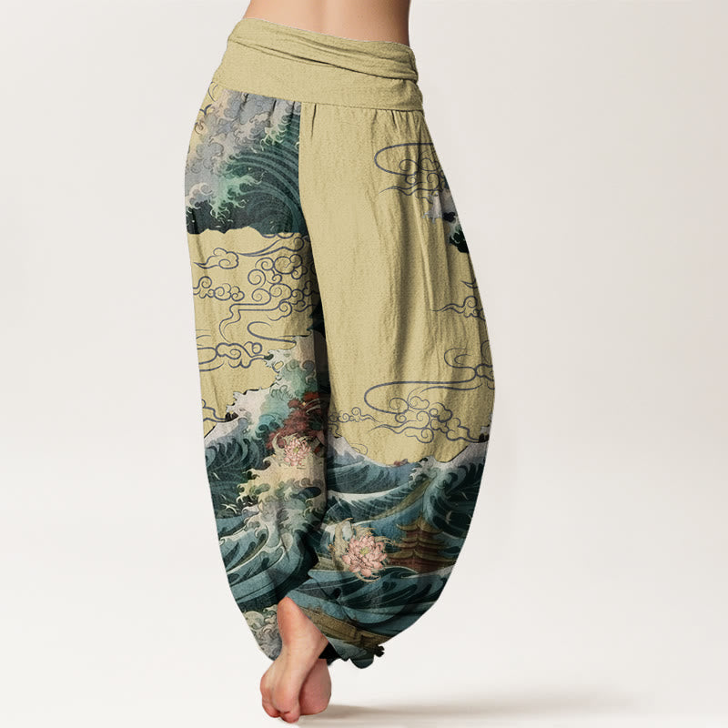 Buddha Stonesカジュアルブルーミングロータスウェーブパビリオン柄レディース伸縮性ウエストハーレムパンツ - image 6