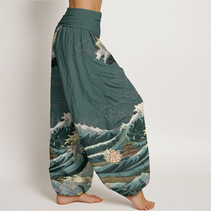 Buddha Stonesカジュアルブルーミングロータスウェーブパビリオン柄レディース伸縮性ウエストハーレムパンツ - image 10