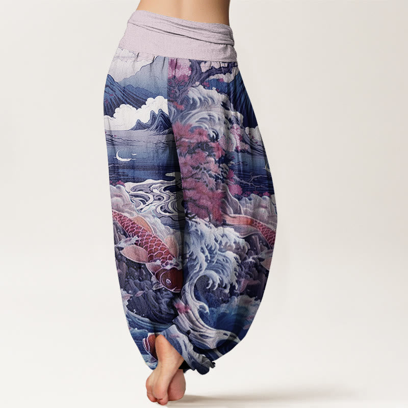 Buddha Stonesコットン カジュアル ブロッサミングツリー鯉波 山柄 レディース 伸縮性ウエスト ハーレムパンツ - image 5