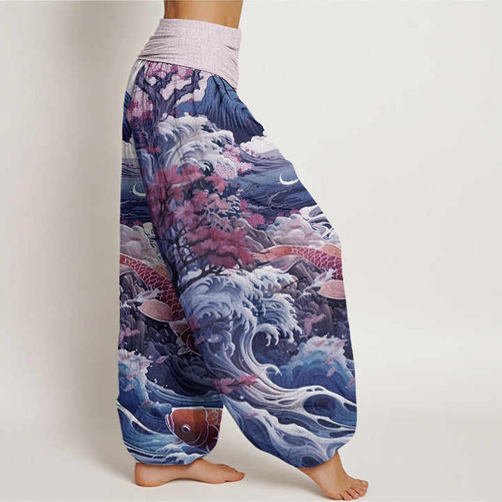 Buddha Stonesカジュアル ブロッサミングツリー 鯉 波 山柄 レディース 伸縮性ウエスト ハーレムパンツ - image 6