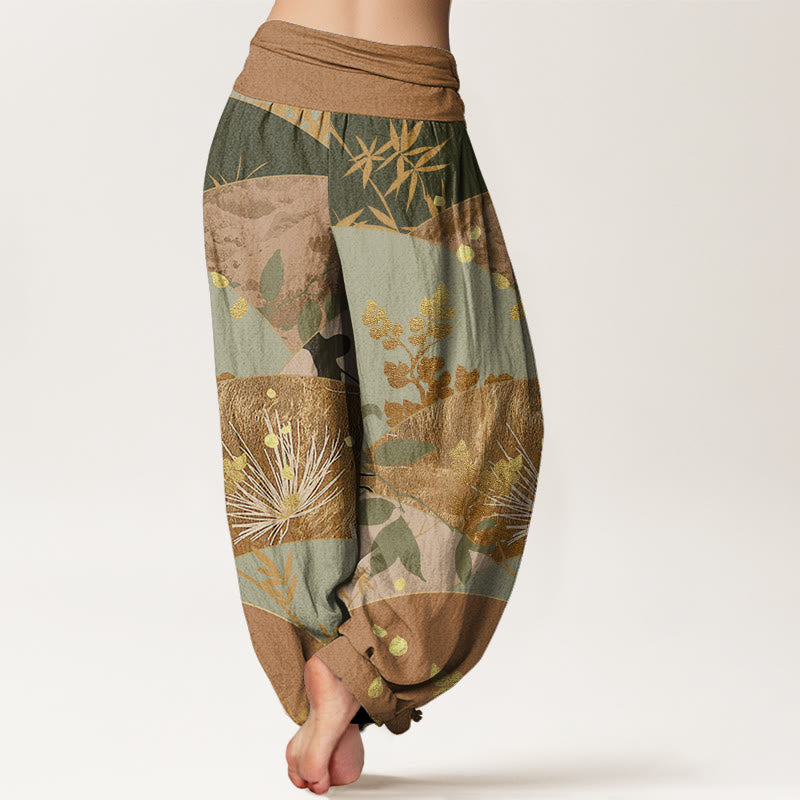 Buddha Stonesと半円の葉柄レディース伸縮性ウエストハーレムパンツ - image 2