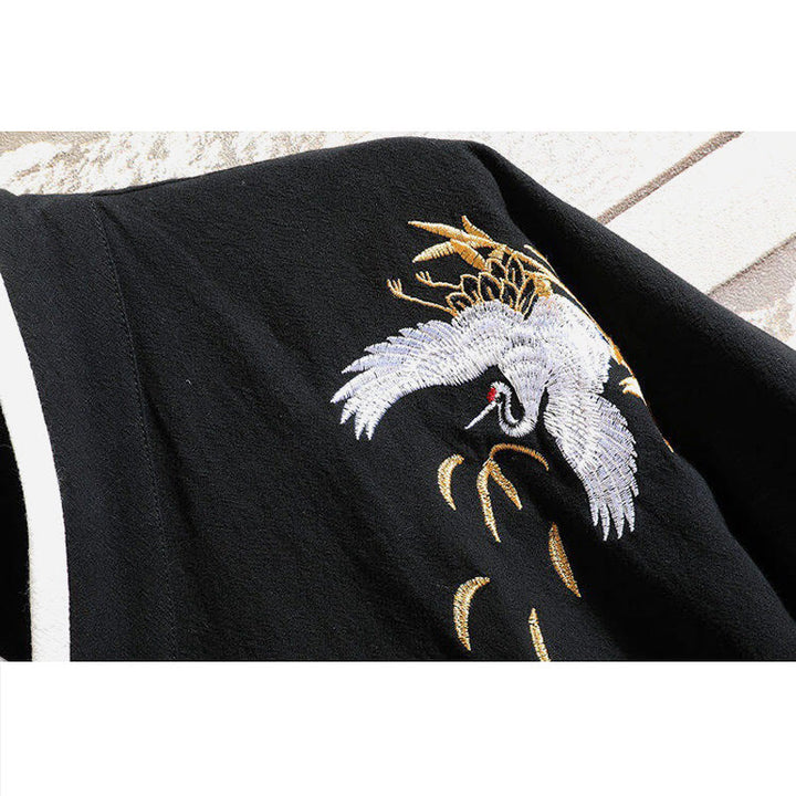 Buddha Stones唐装刺繍鶴柄サイドレースアップメンズコットンリネン半袖Tシャツ - image 4