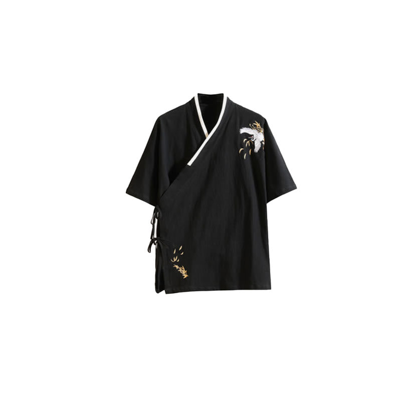 Buddha Stones唐装刺繍鶴柄サイドレースアップメンズコットンリネン半袖Tシャツ - image 9