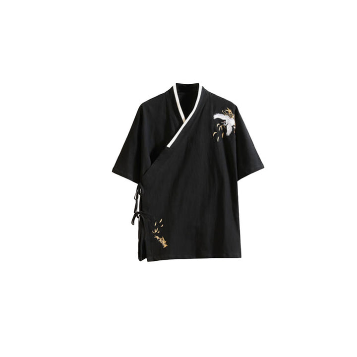Buddha Stones唐装刺繍鶴柄サイドレースアップメンズコットンリネン半袖Tシャツ - image 9
