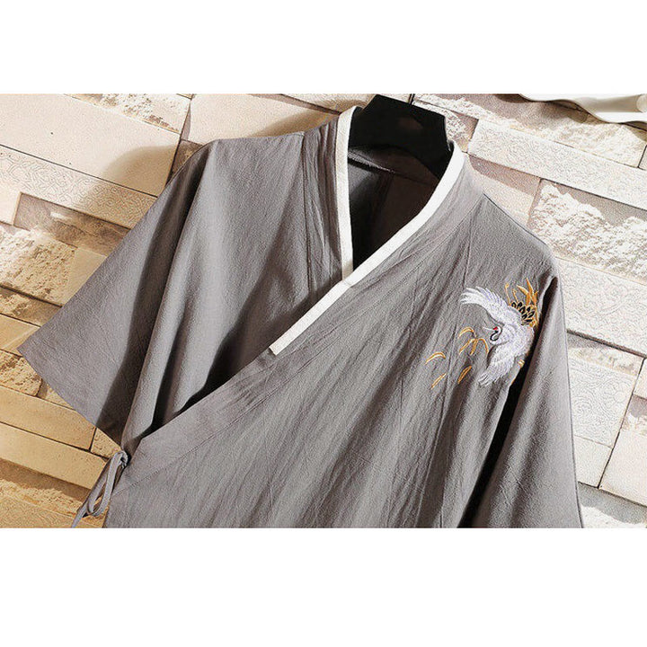 Buddha Stones唐装刺繍鶴柄サイドレースアップメンズコットンリネン半袖Tシャツ - image 11