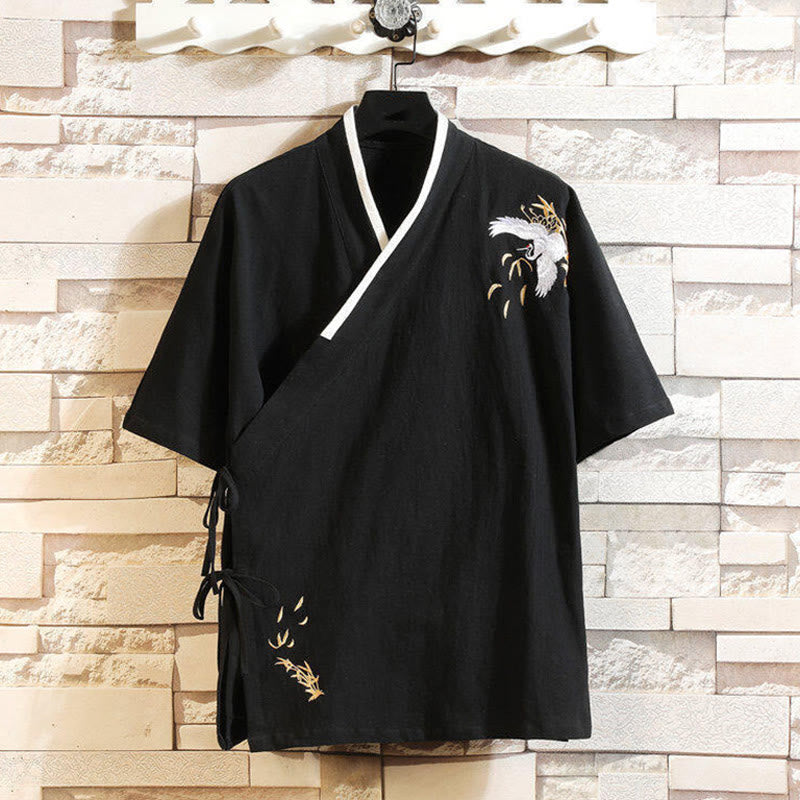 Buddha Stones唐装刺繍鶴柄サイドレースアップメンズコットンリネン半袖Tシャツ - 黒 - US/UK/AU46、 EU56 (5XL) - image 0