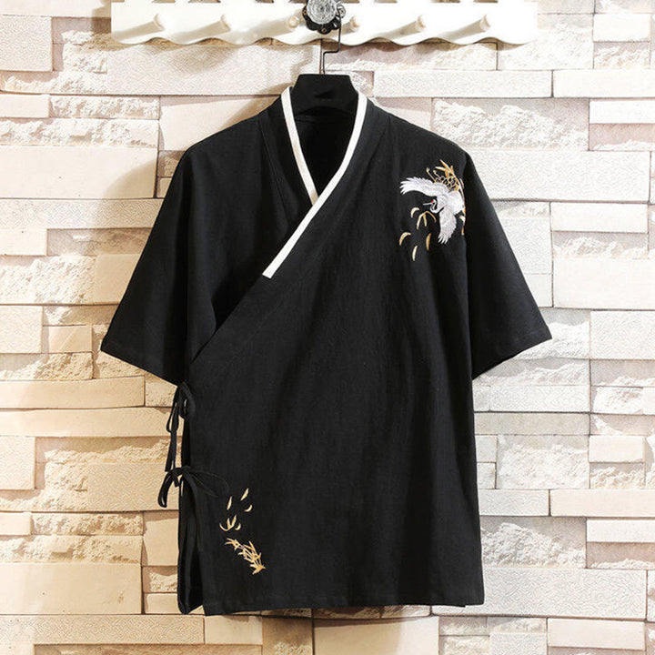 Buddha Stones唐装刺繍鶴柄サイドレースアップメンズコットンリネン半袖Tシャツ - 黒 - US/UK/AU46、 EU56 (5XL) - image 0