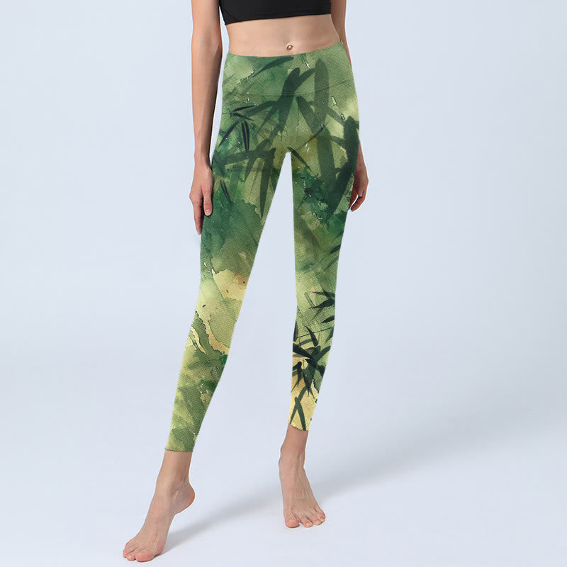Buddha Stonesインクと竹の開花模様プリントのジムレギンス レディース ヨガパンツ - image 6