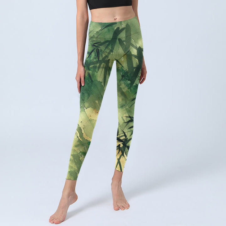Buddha Stonesインクと竹の開花模様プリントのジムレギンス レディース ヨガパンツ - image 6