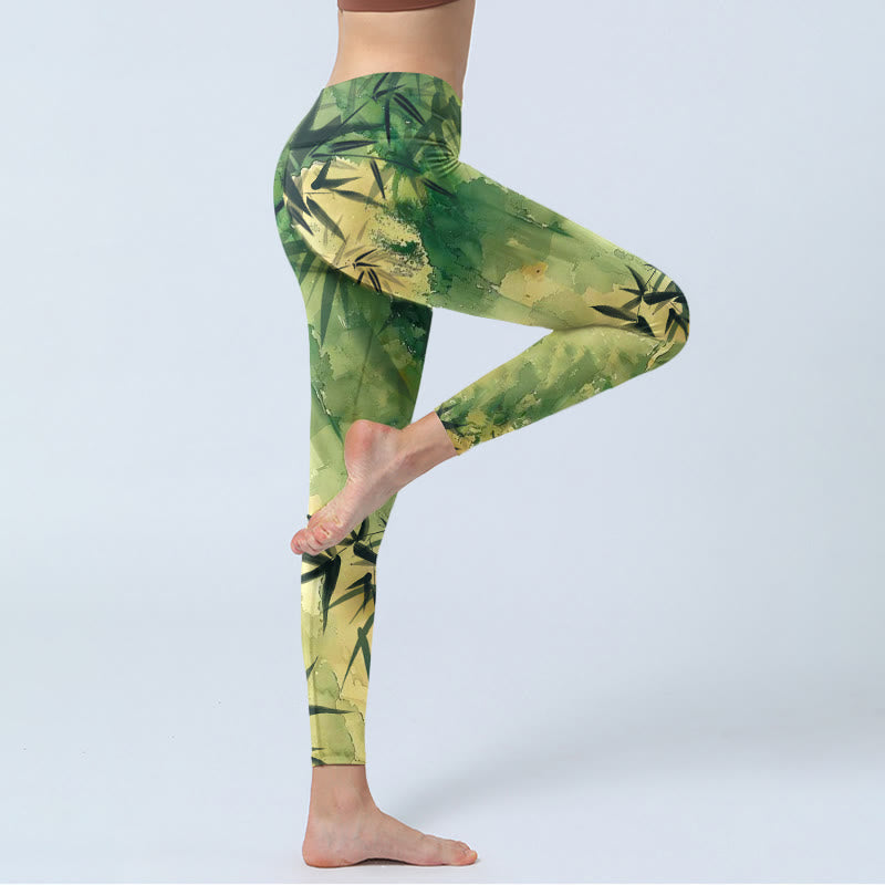 Buddha Stonesインクと竹の開花模様プリントのジムレギンス レディース ヨガパンツ - image 4