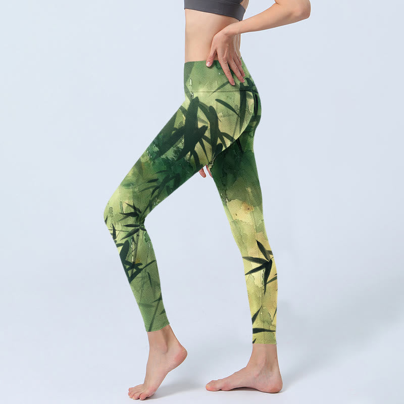Buddha Stonesインクと竹の開花模様プリントのジムレギンス レディース ヨガパンツ - image 3