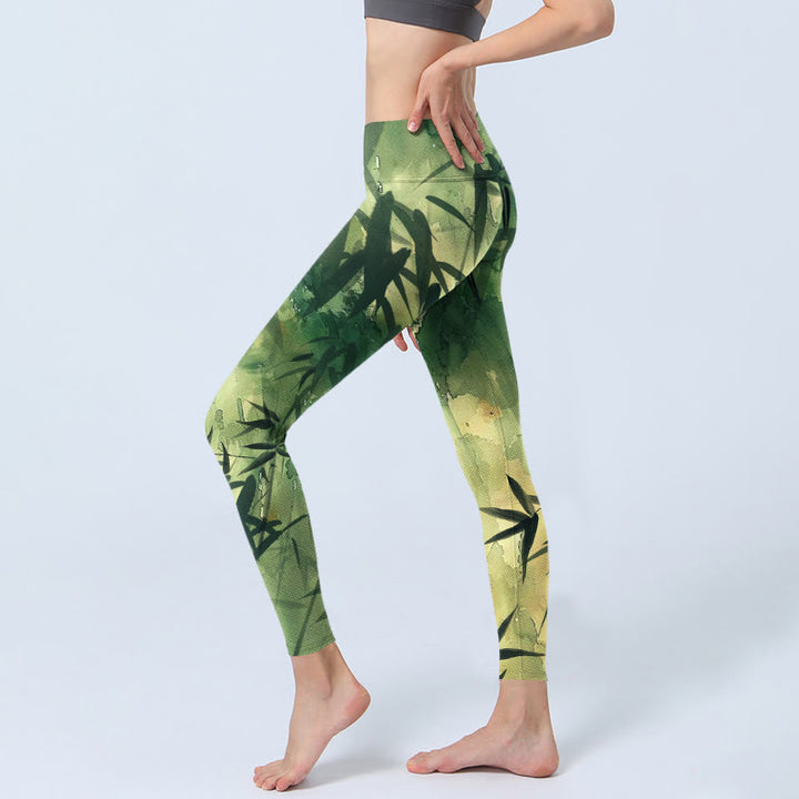 Buddha Stonesインクと竹の開花模様プリントのジムレギンス レディース ヨガパンツ - image 3
