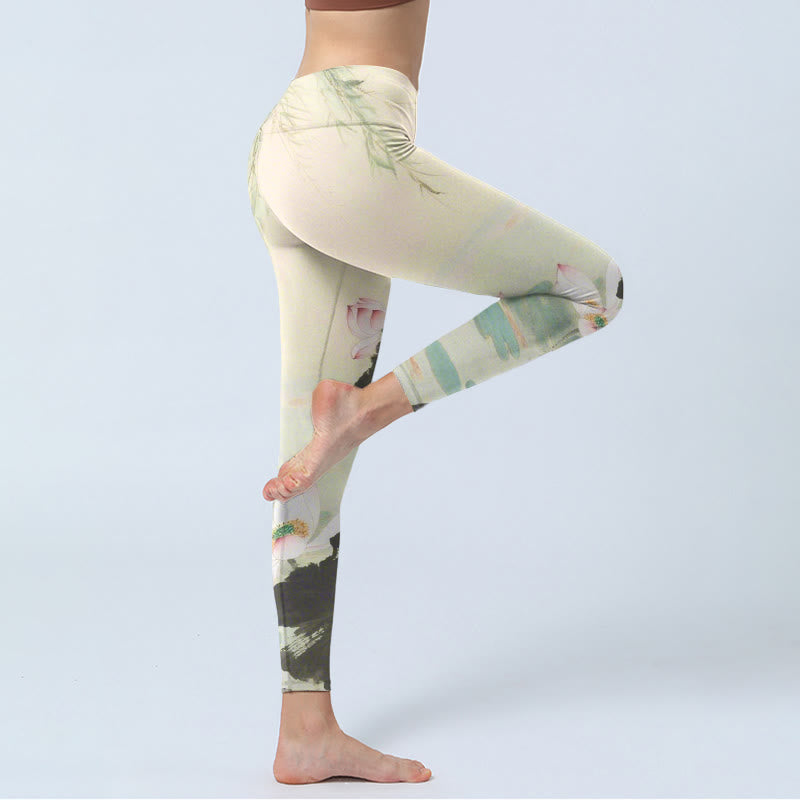Buddha Stones、柳の葉、蓮の池の模様プリントのジムレギンス、レディースヨガパンツ - image 4