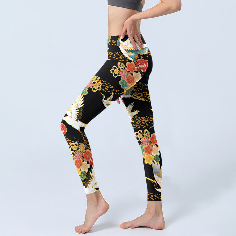 Buddha Stonesとタンチョウヅルのカラフルな花柄プリントのジムレギンス レディース ヨガパンツ - image 3