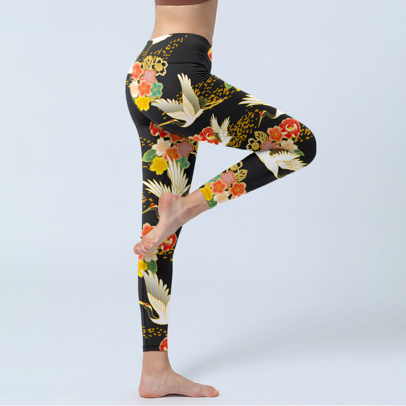 Buddha Stonesとタンチョウヅルのカラフルな花柄プリントのジムレギンス レディース ヨガパンツ - image 5