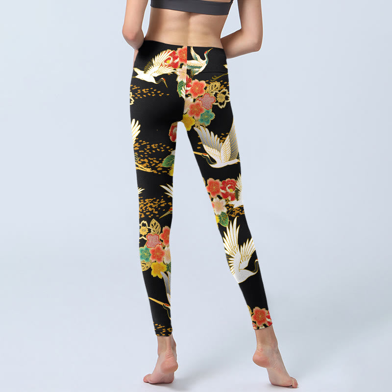 Buddha Stonesとタンチョウヅルのカラフルな花柄プリントのジムレギンス レディース ヨガパンツ - image 7